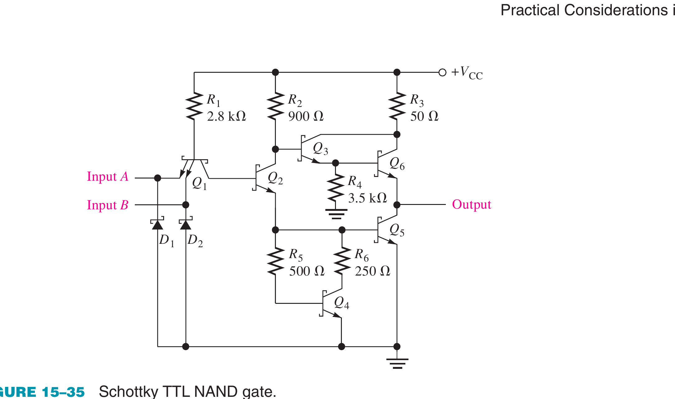 Textbook Schottky TTL NAND gate; Schottky-clamped transistors prevent deep saturation and eliminate storage time