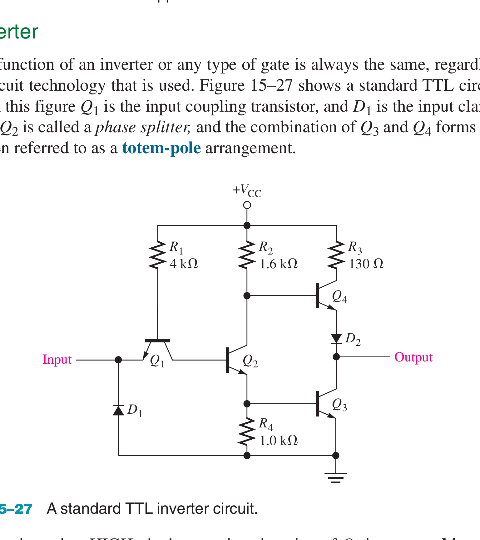 Textbook standard TTL inverter with input transistor, phase splitter and totem-pole output