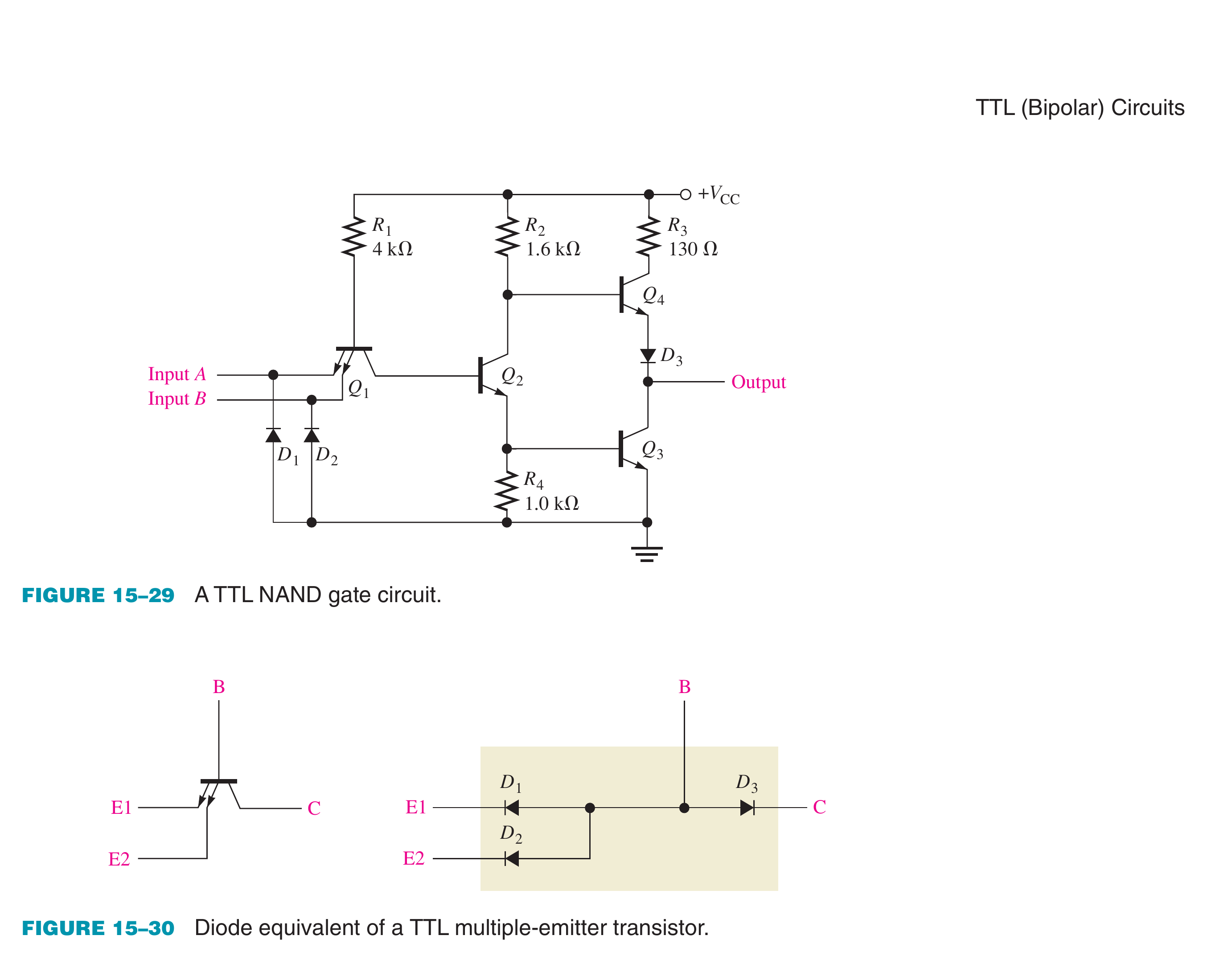 Textbook TTL NAND circuit and diode model of its multiple-emitter input transistor