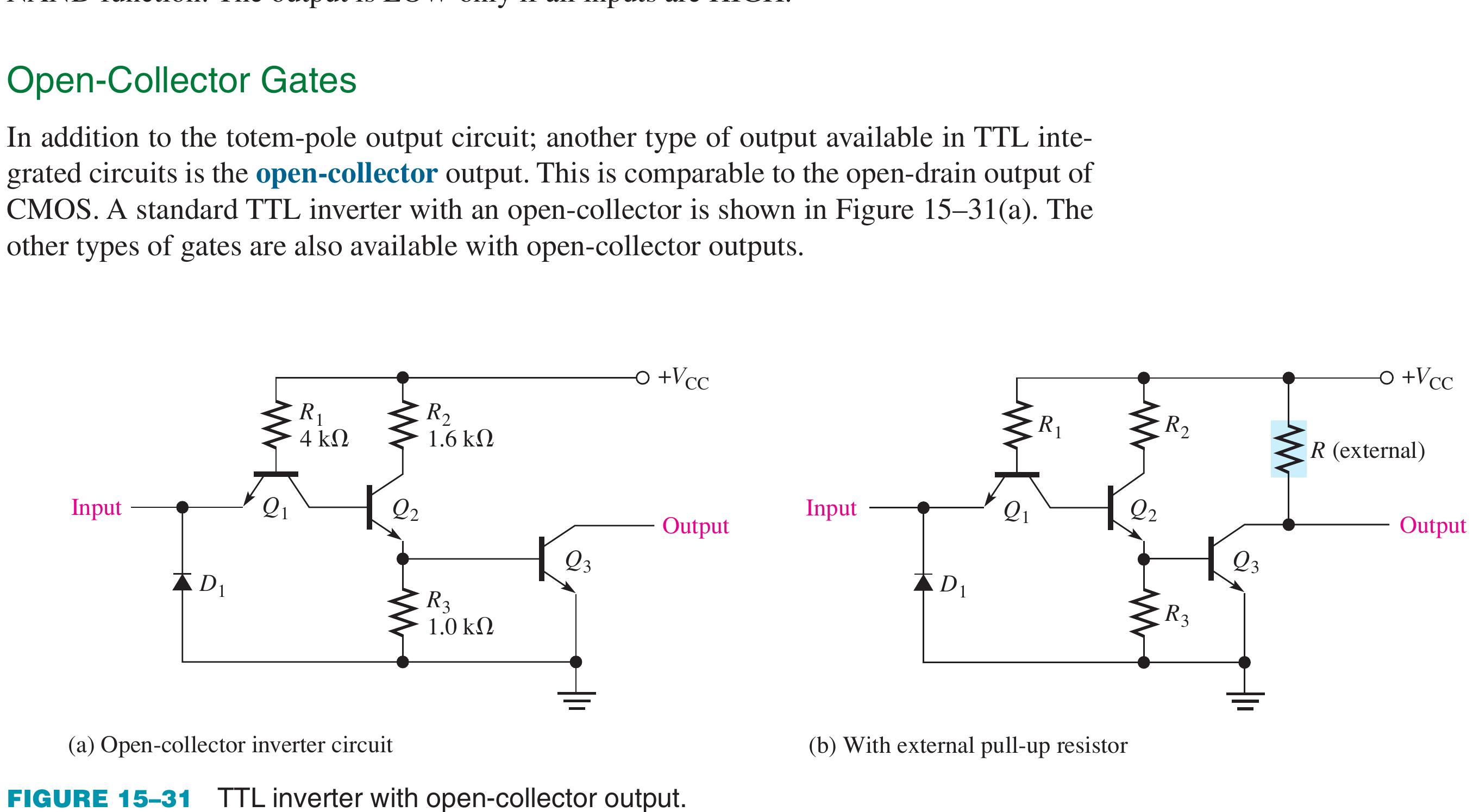 Textbook TTL open-collector inverter before and after adding the external pull-up resistor