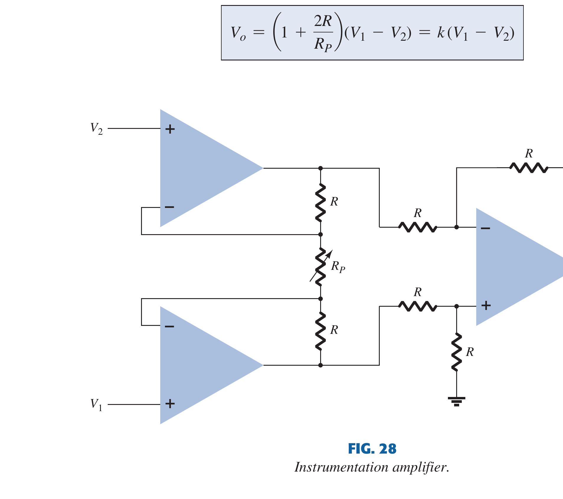 Textbook three-op-amp instrumentation amplifier and gain equation