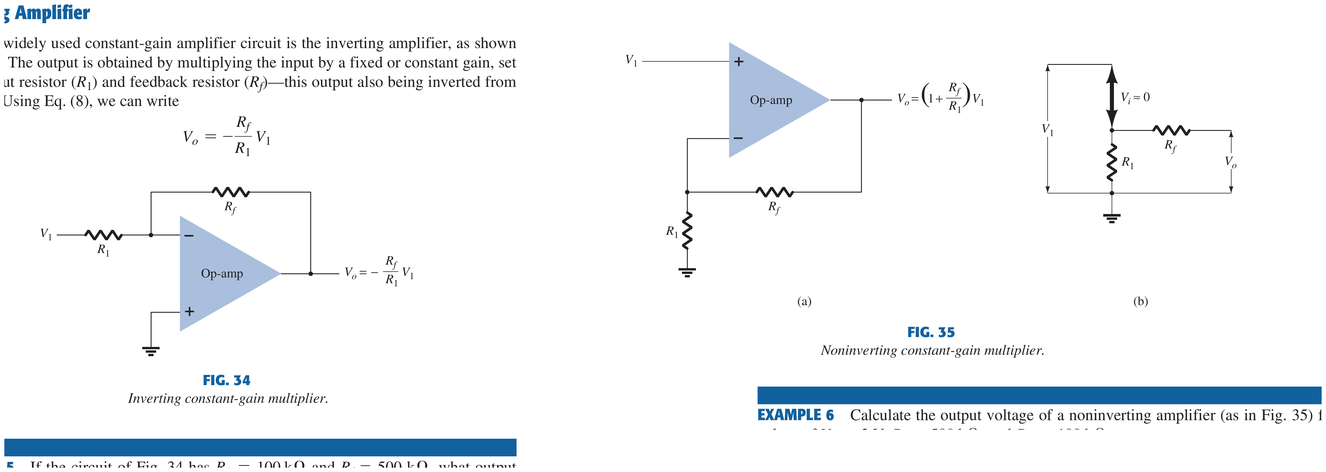 Textbook inverting and non-inverting op-amp feedback circuits using the virtual-short principle