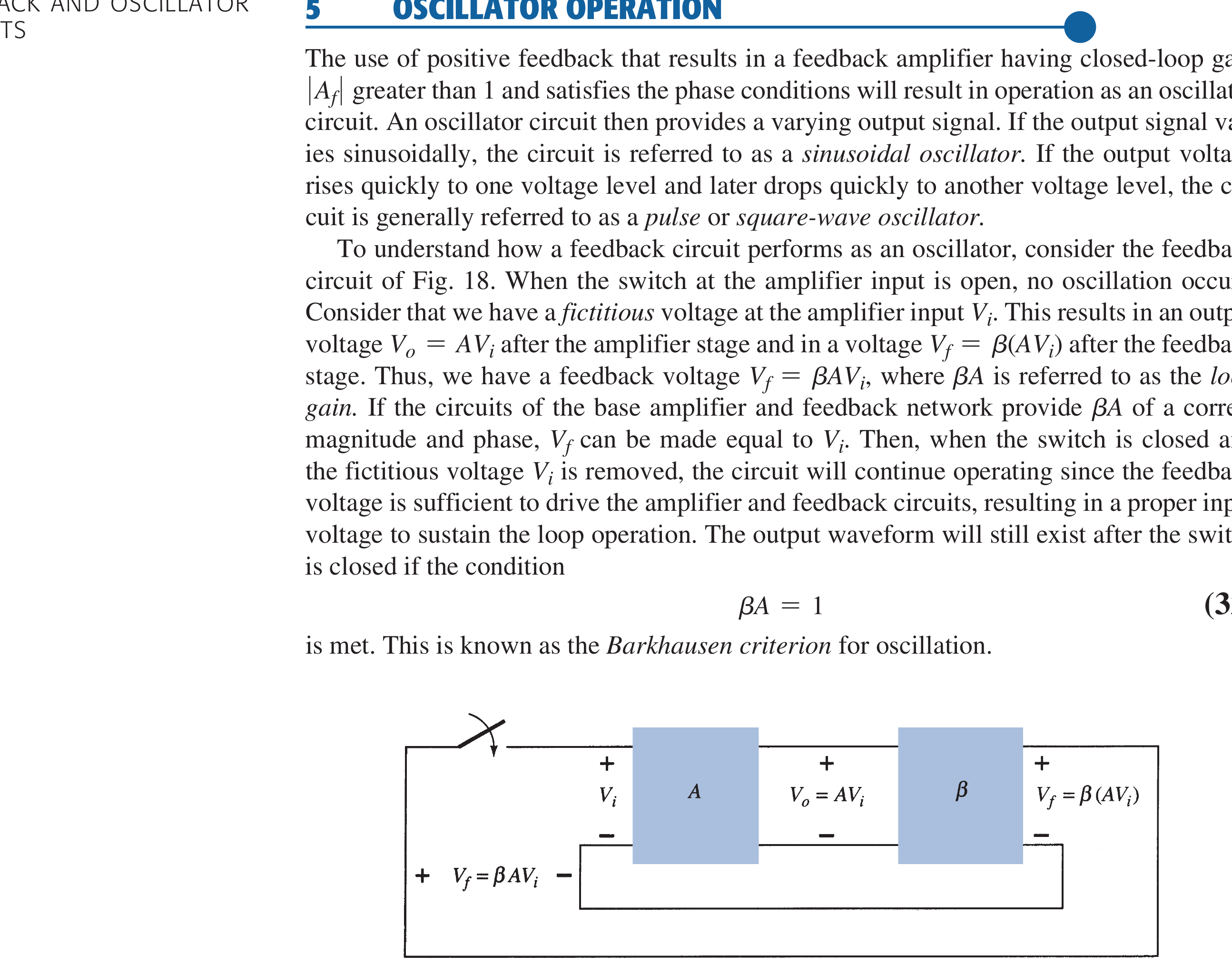 Textbook oscillator feedback loop, startup and steady-state buildup
