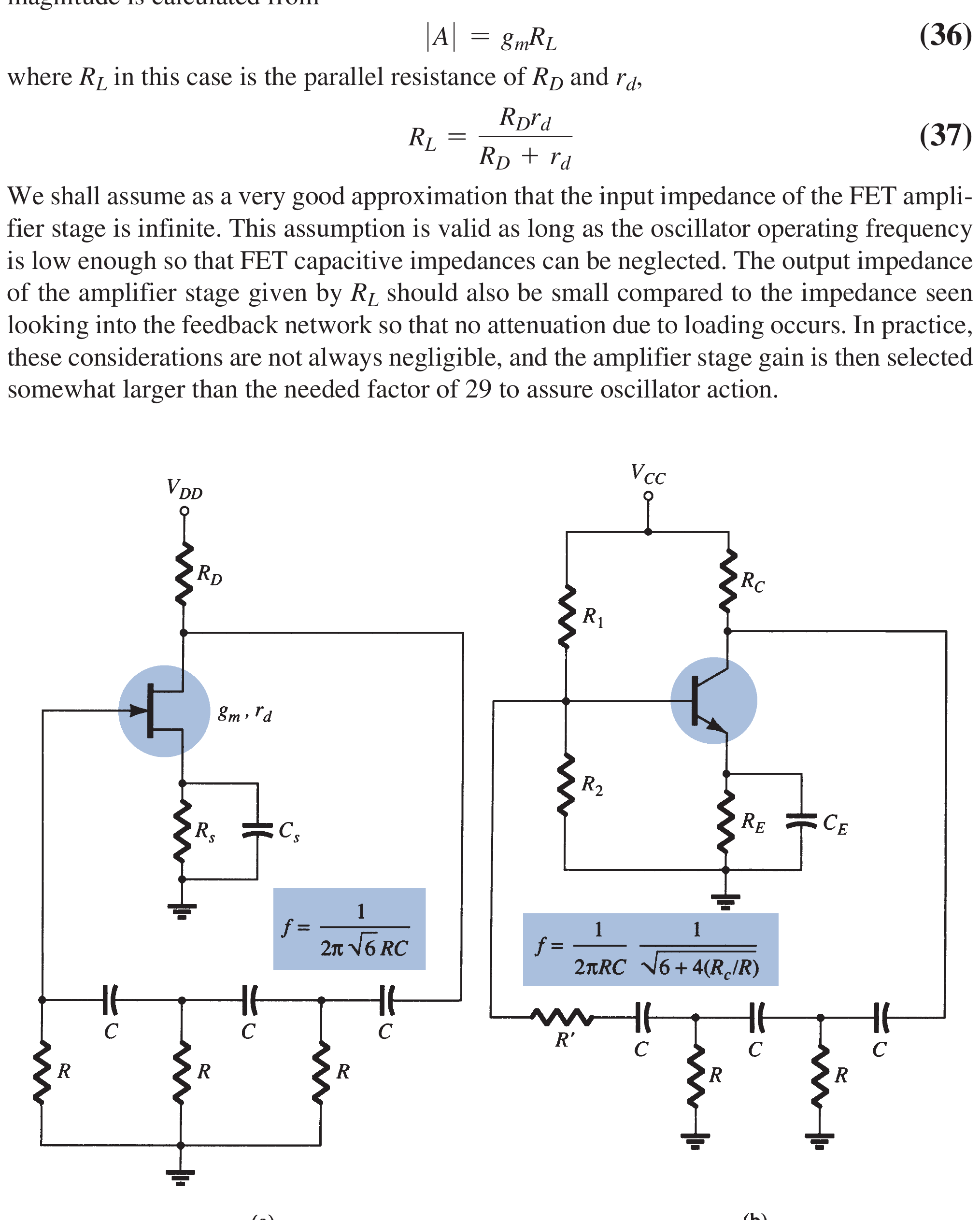 Textbook FET and BJT RC phase-shift oscillators
